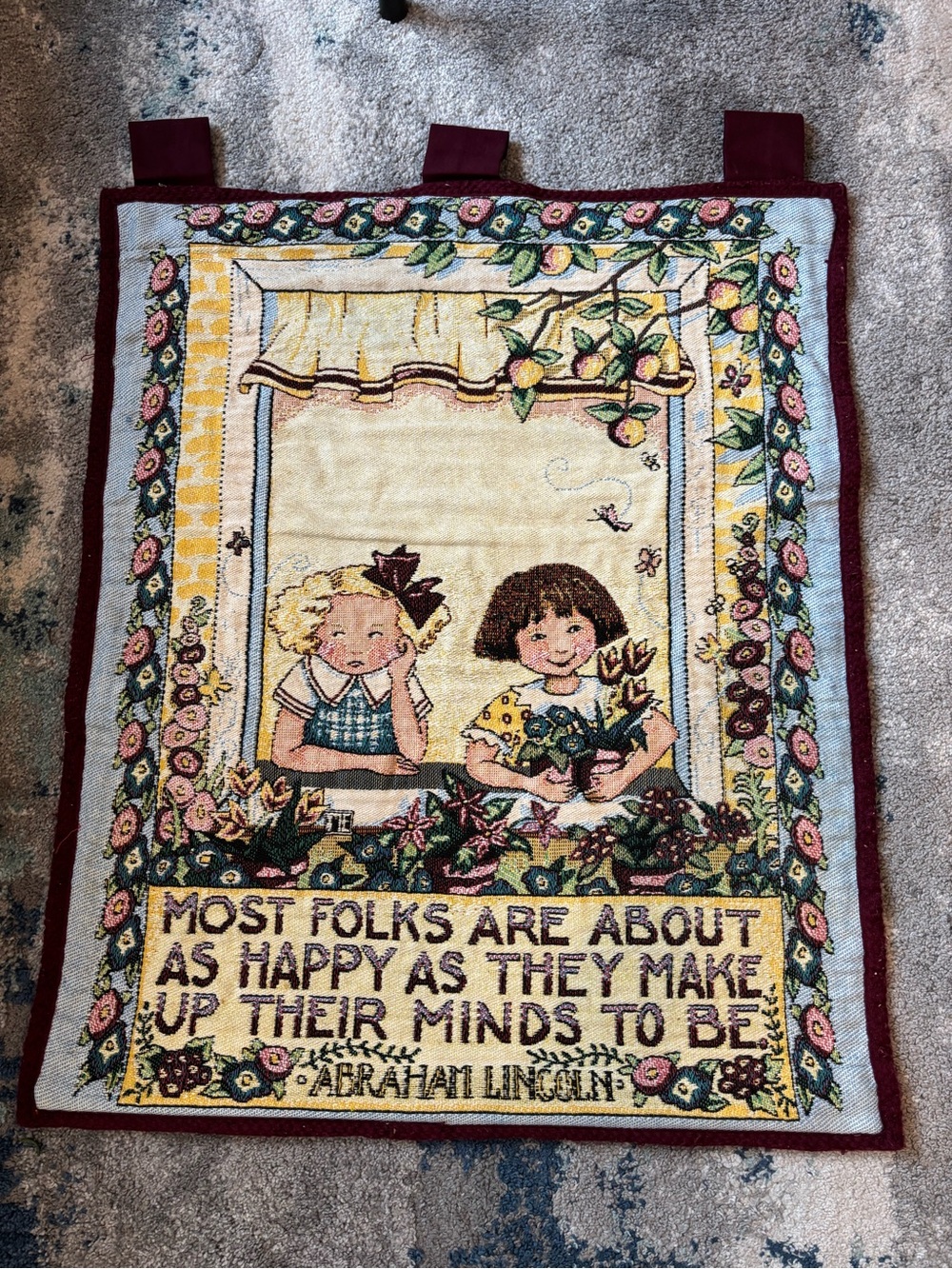 Mary Engelbreit vintage Wall Hanging Tapestry “Most folks are about as happy”